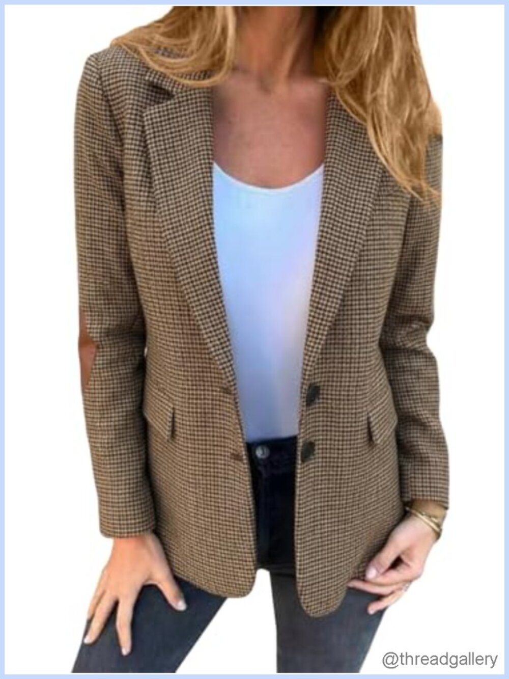 Tweed Blazer Houndstooth Plaid Notch Lapel Business Casual Work Office